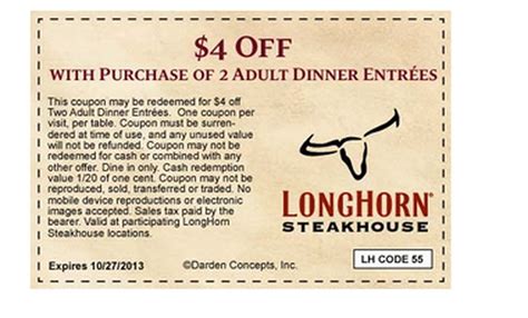 longhorn steakhouse online coupons|$4 off longhorn steakhouse coupon.